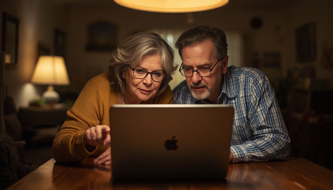 A couple in their sixties leaning in toward a laptop together while using BrainPit for their AI needs.